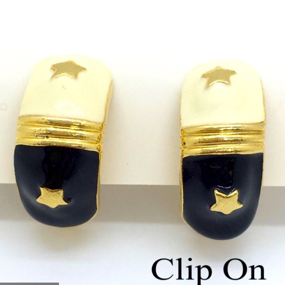 Vintage Clip on Half Hoops Black & Cream